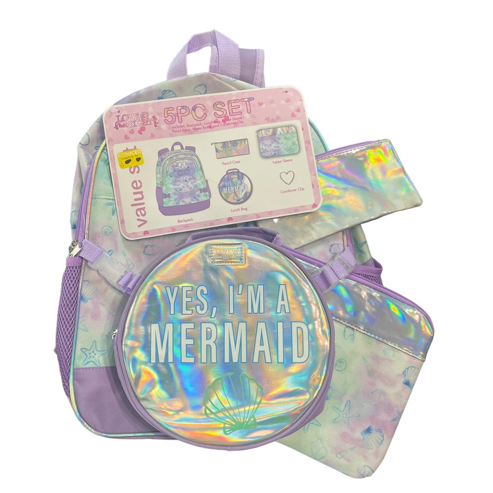 NWT 5pc Love@firstsight Mermaid Hologram Backpack Lunch Bag Tablet Sleeve etc